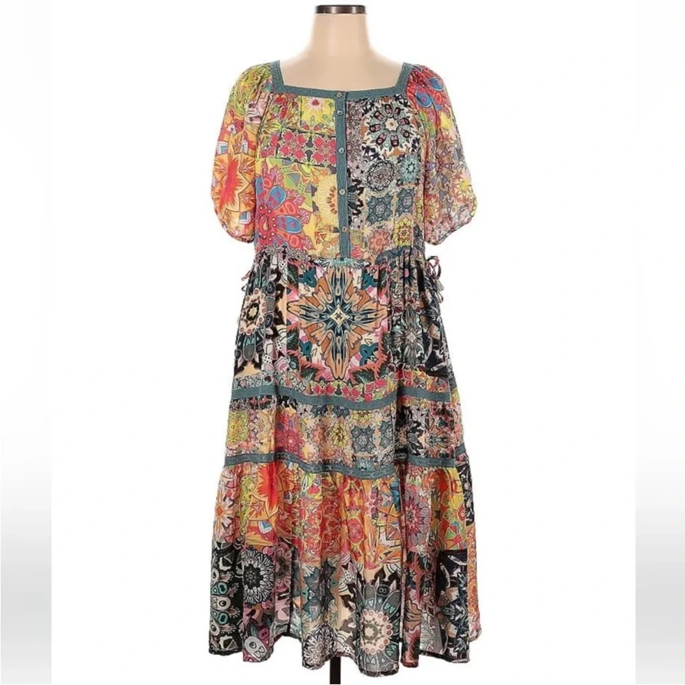 Johnny Was Kaleida Zenovia Silk Patchwork Midi Dress Size L Boho Tiered - Picture 9 of 14